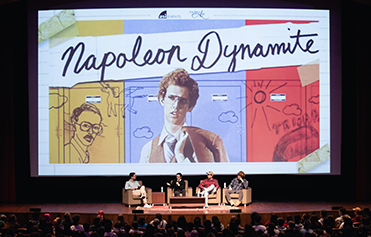 Napoleon Dynamite stars Jon Heder, Efren Ramirez and Jon Gries sit onstage during a Q&A at the Cal Poly PAC.