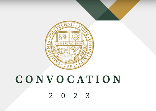 Graphic from video feed showing name Cal Poly Fall Convocation