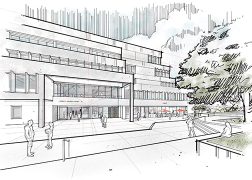 A line drawing of the front of Kennedy Library