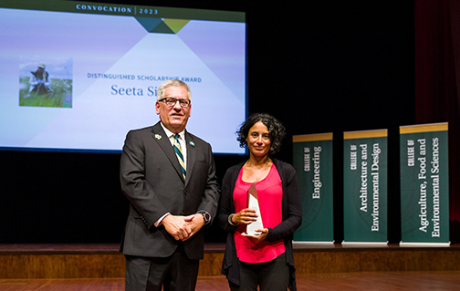 2023 Distinguished scholarship award eeSeeta Sistla with Cal Poly President Armstrong 