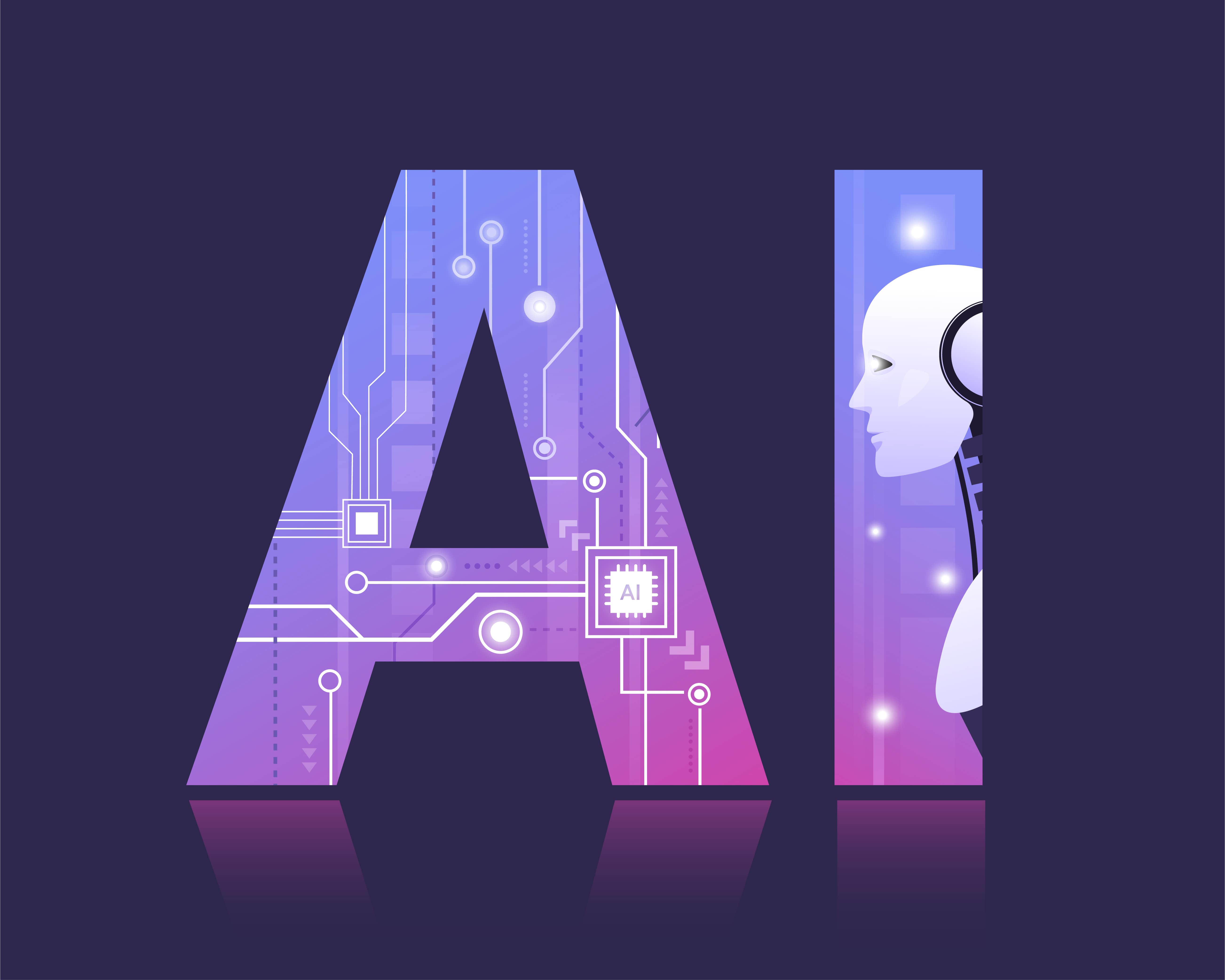 Illustration of a robot in the letters AI