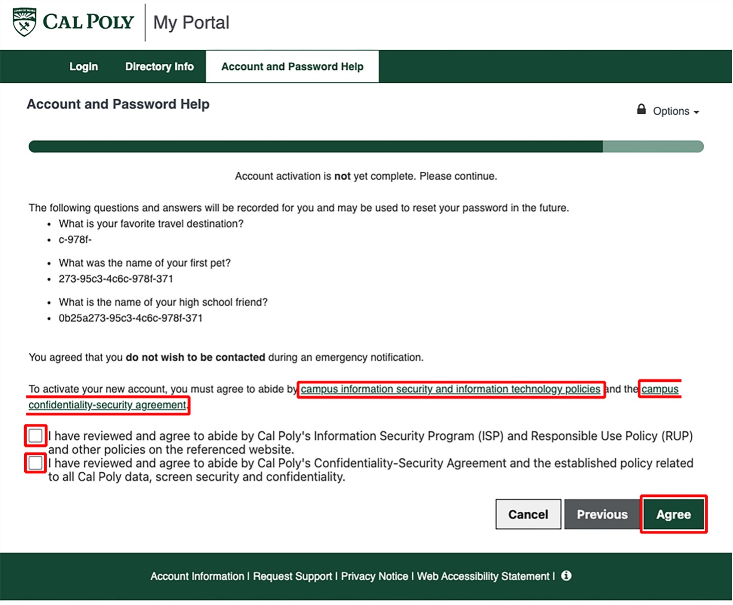 Example of the agreement page.