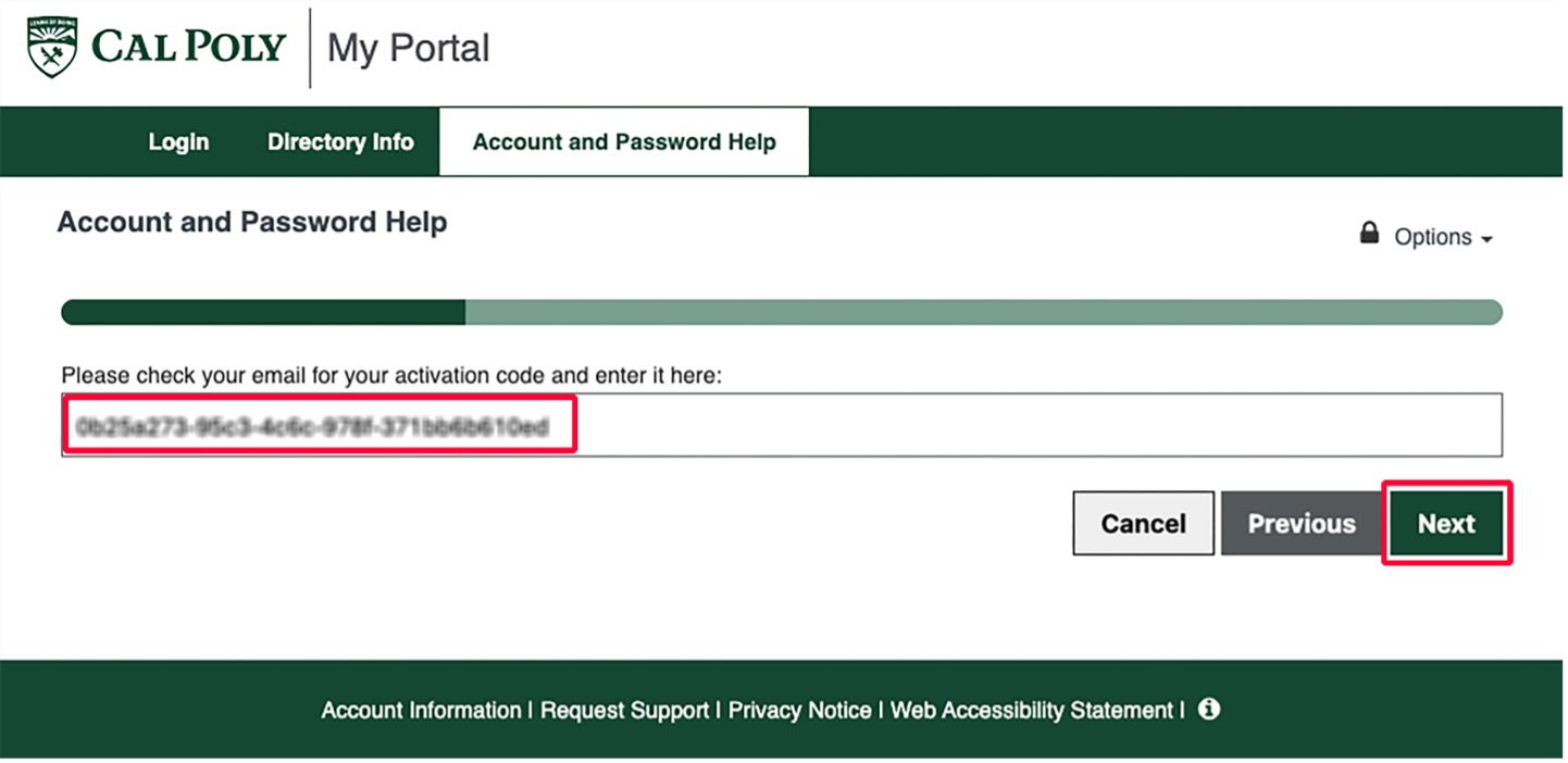 Example of a blurred code and next button placed on the account  and password help page. 