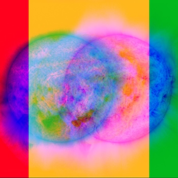 Colorful image of two circles overlapping and three vertical bands of color in vertical formation. 