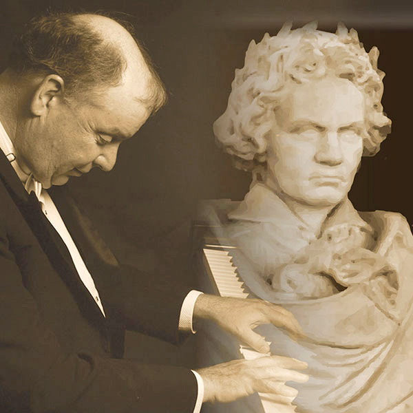 Pianist and music Professor Emeritus W. Terrence Spiller performs on stage in a photo illustration that also shows a bust of composer Beethoven 