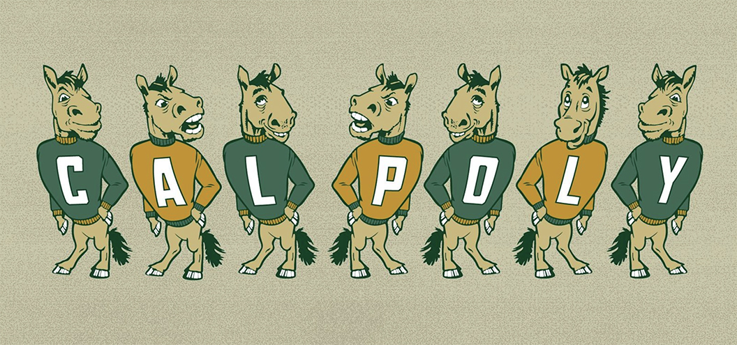 Old Cal Poly logo treatment featuring seven Musties looking more like mules and wearing green or gold sweaters with letters on them that spell out Cal Poly