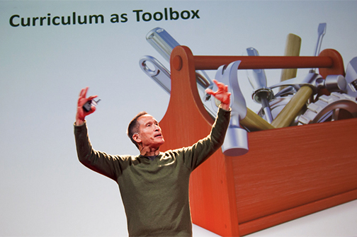Jose Antonio Bowen stands before backdrop featuring a large toolbox