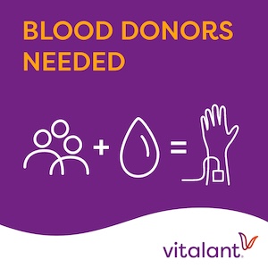 Equation icon of people with a plus sign and an icon of a drop of blood with an equals sign and an icon of a hand. Text overlay reads Blood Donors Needed.