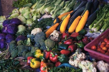 Vegetables displayed at a farmers market.