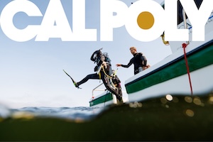 Diver jumps off a boat into water. Cal Poly text overlays the image.