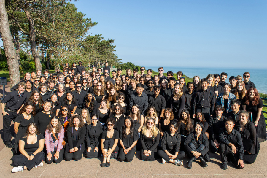 Cal Poly Symphony and PolyPhonics group photo in France.