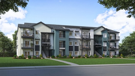 Rendering of exterior of Harvest Lofts multiunit building.