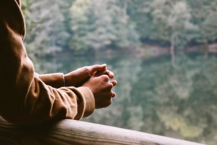 Detail of a person’s folded hands, looking onward to landscape.