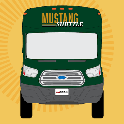 Graphic of the Mustang Shuttle Bus that reads Mustang Shuttle on the front.