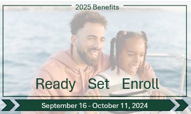 Father and daughter on a boat with text overlay that reads: Ready, Set, Enroll followed by the dates Sept. 16 thru Oct. 11, 2024.