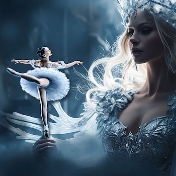 Digital image of a ballerina and a woman dressed with ice-inspired clothing and a crown.