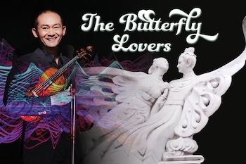 Image of Chen Zhao with a violin in front of a sculpture of two people with butterfly wings.