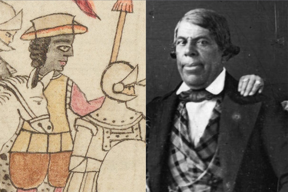 A composite image of an illustration of a conquistador and a black and white photograph of an African Californio.