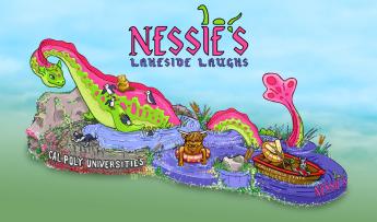 An artist's rendering of the 2025 Rose Float, "Lakeside Laughs," which features a colorful Loch Ness Monster, puffins, a Highland cow and a Westie terrier in a boat.