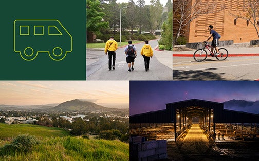 Illustration of a shuttle and photos of campus, someone on a bike and public safety officers.