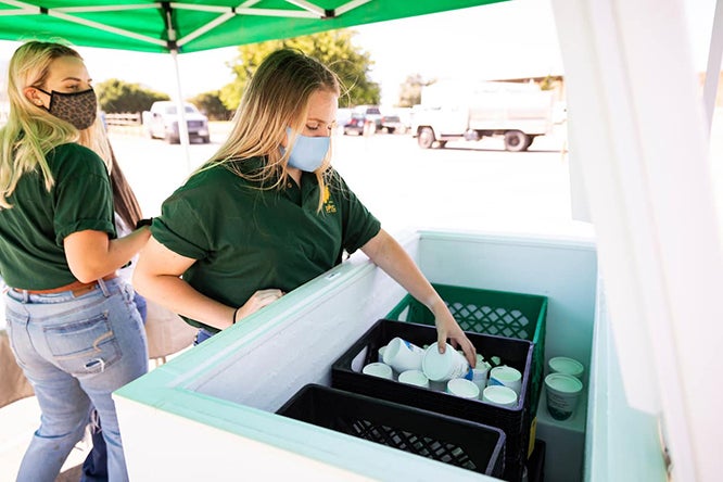 A woman with blonde hair leans over a plastic container full of pints of cookies and cream ice cream. 