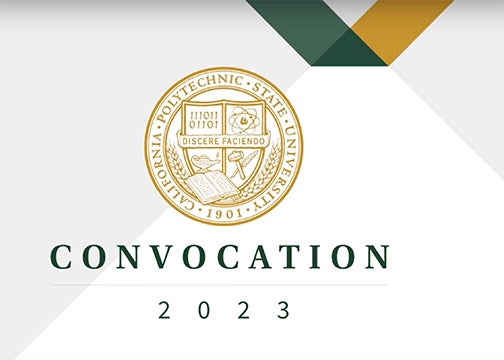 Graphic from video feed showing name Cal Poly Fall Convocation