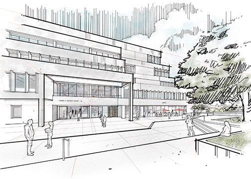 A line drawing of the front of Kennedy Library