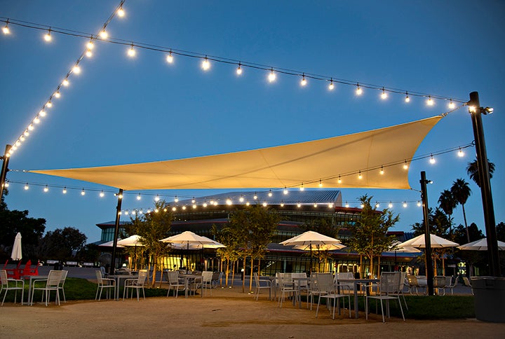 Lights light up an outdoor space in front of the Performing Arts Center.