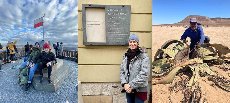 Greg Domber, left, with family members at the Kościuszko Mound in Krakow; Mira Rosenthal at a memorial plaque for Polish poet Zuzanna Ginczanka; and Nishanta ‘Nishi’ Rajakaruna with Welwitschia mirabilis subspecies namibiana in the Namib Desert.