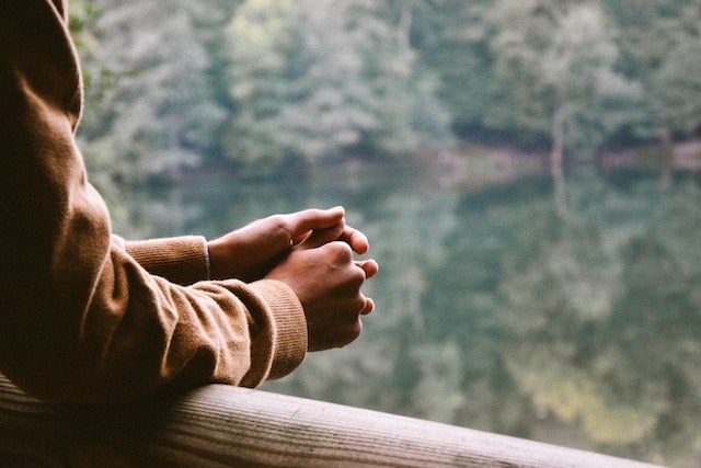 A photo of someone's arms, folded and leaning against a railing, a lake and pine trees in the distance.