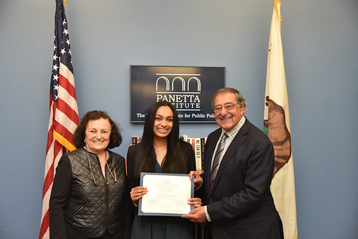 2021 Cal Poly Panetta Intern Desiree Nunes with Secretary Leon Panetta and Mrs. Sylvia Panetta]