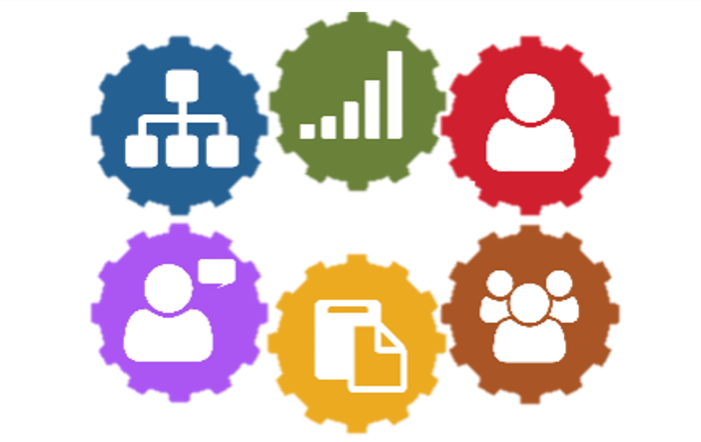 Illustration of widgets with people, bar and graph charts, and paper.