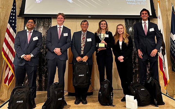 Students Benjamin Roe, Brenden Rogers, Samantha Gottlieb, Athénaïs Mortier and Jivitesh Kamboj with Finance Chair Cyrus Ramezani 