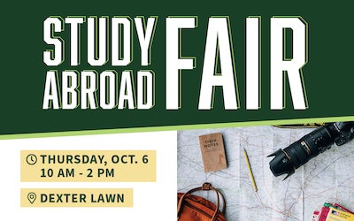 A camera, field guide and maps with text reading Study Abroad Fair, Thursday, Oct. 6, 10 a.m. to 2 p.m. Dexter Lawn