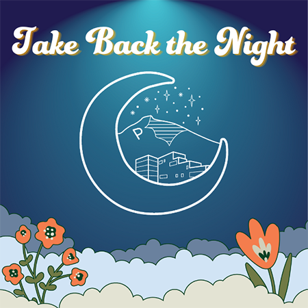 Illustration of the Cal Poly P, a moon and flowers with text reading Take Back the Night.