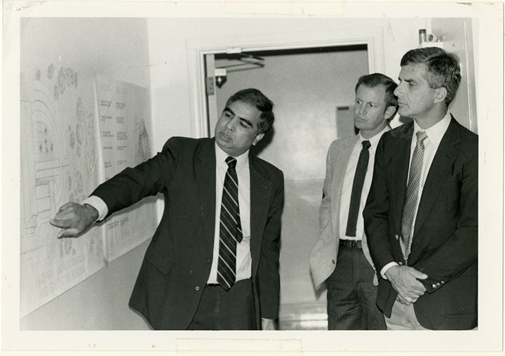 Zac Iqbal, pictured at left, professor emeritus in the Orfalea College of Business, was instrumental in the construction of the current business building