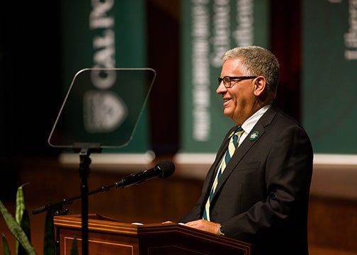 Cal Poly President Armstrong speaks at the fall 2023 Fall Convocation at the PAC