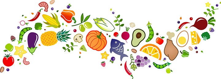 Illustration of vegetables, fruits and meat.