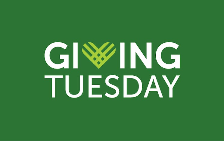 Giving Tuesday white text on green background with a green heart in place of the v in Giving