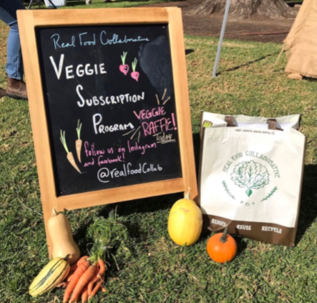 A sign set up on campus advertising the veggie subscription program