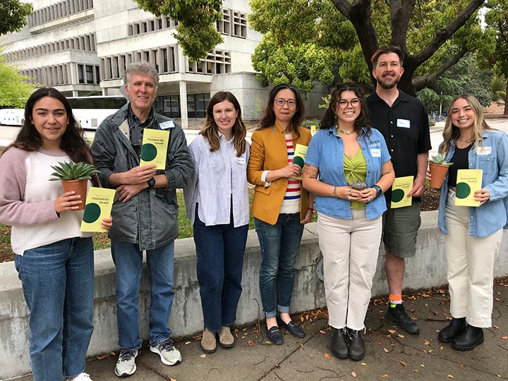 2022 Award and honorable mention recipients pictured in order from left to right; Fiona Reyes, CAED Professor Jonathan Reich, Morgan Bing, Yiwen Chui, Hope Springer, COSAM Professor Erin Pearse, and Lauren Londono.