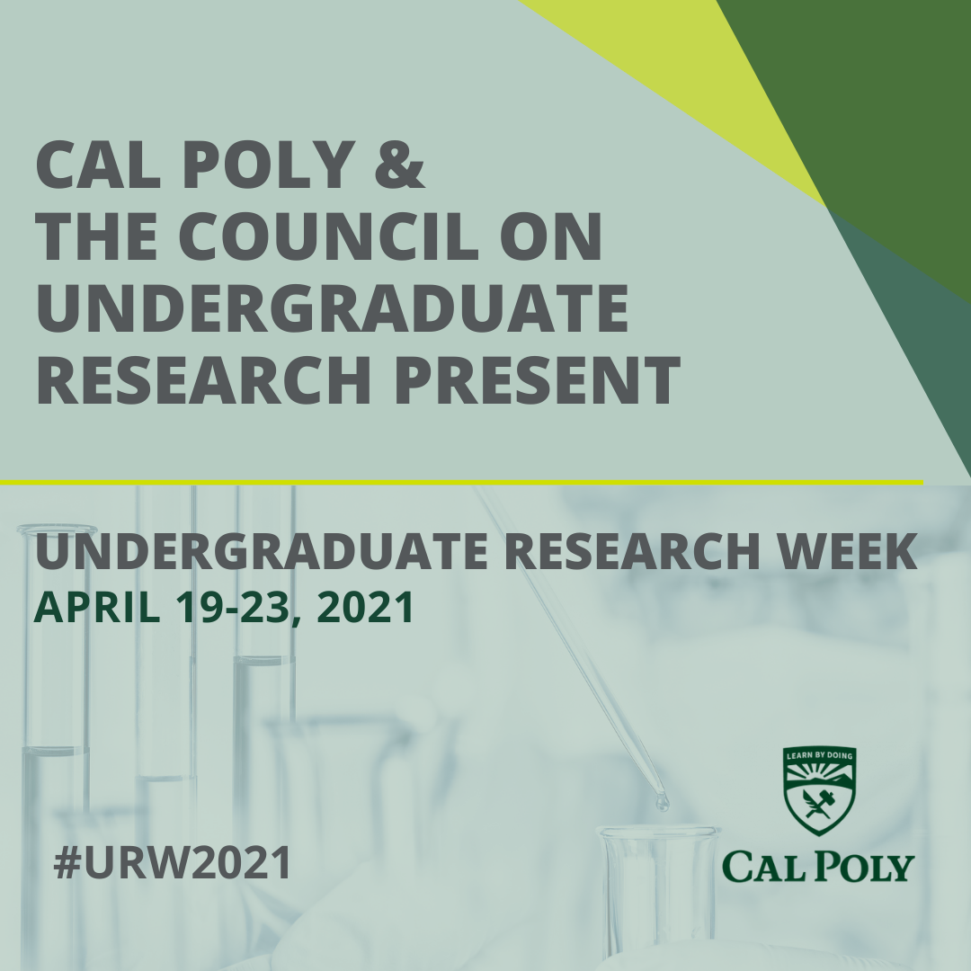 Image with graphics that says "Cal Poly & The Council on Undergraduate Research Present Undergraduate Research Week. April 19-23, 2021 #URW2021"