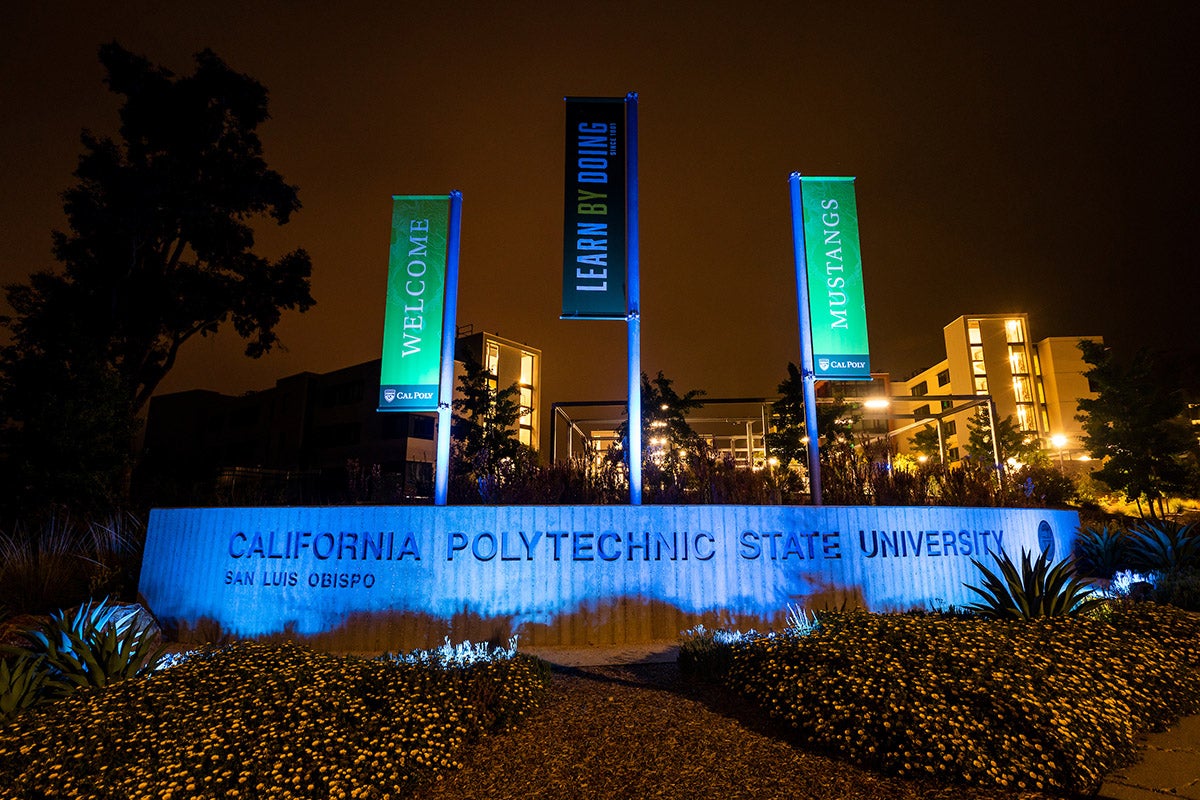 The Grand entrance to Cal Poly is illuminated in blue to thank healthcare workers on the frontlines of the coronavirus pandemic.