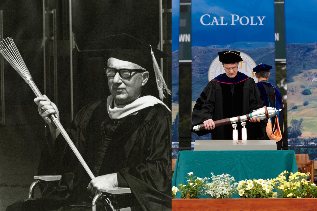 Left, a vintage photo of a professor in academic regalia holding a long rod tipped with wire spines. Right, a modern photo of a professor in regalia placing an ornate wood and metal club on a podium