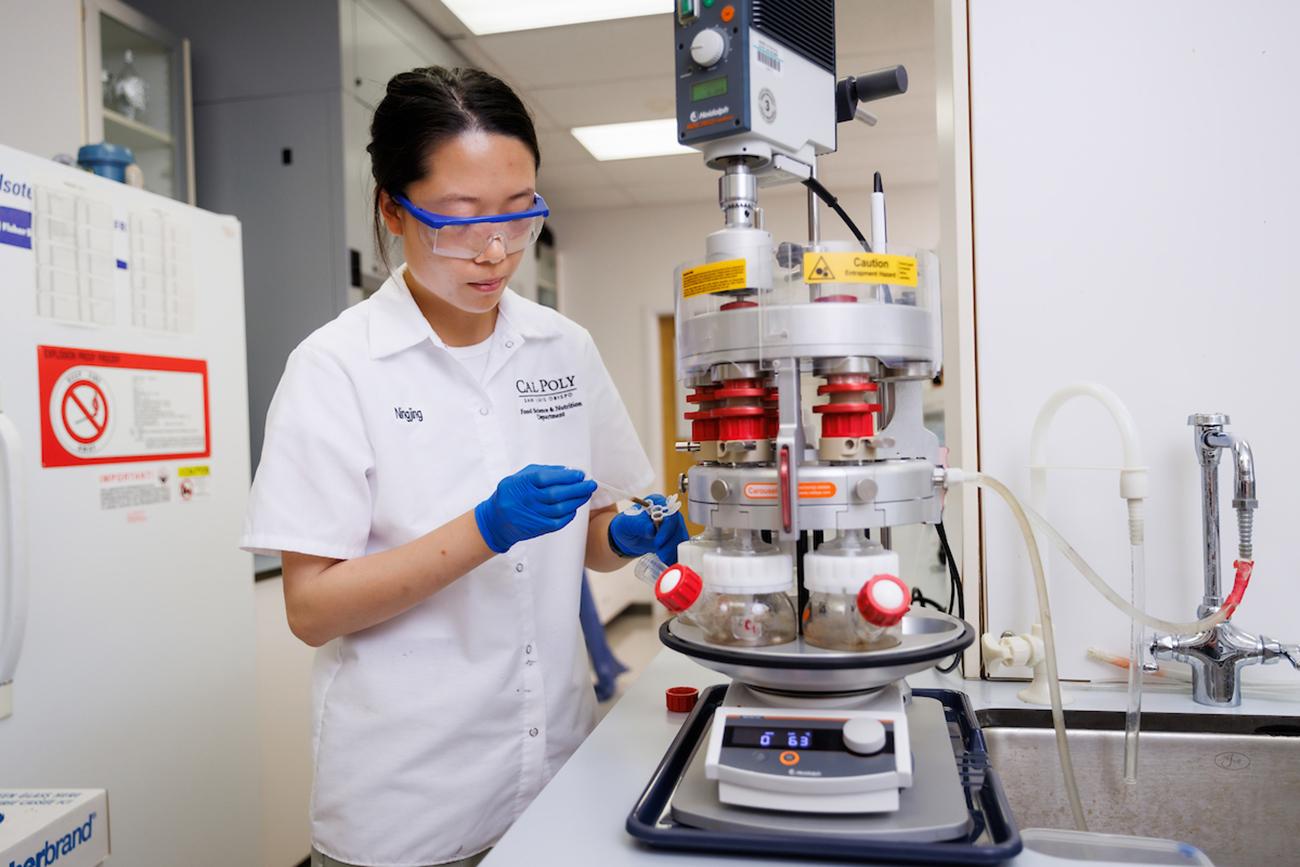 Grad student Ningjing Hua wears laboratory gear while conducting olive research.