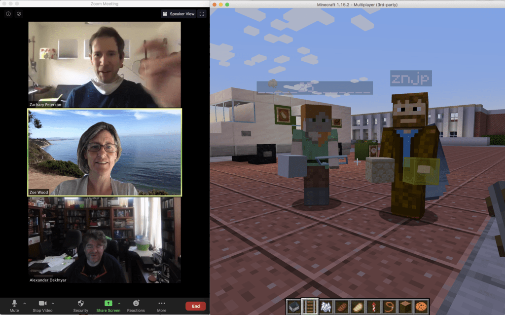 Three professors talk in a video chat window while their digital avatars meet in a couryard designed in MInecraft.