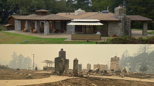 Above, a large stone house sits on a field of green grass. Below, the same house is burned to the ground.