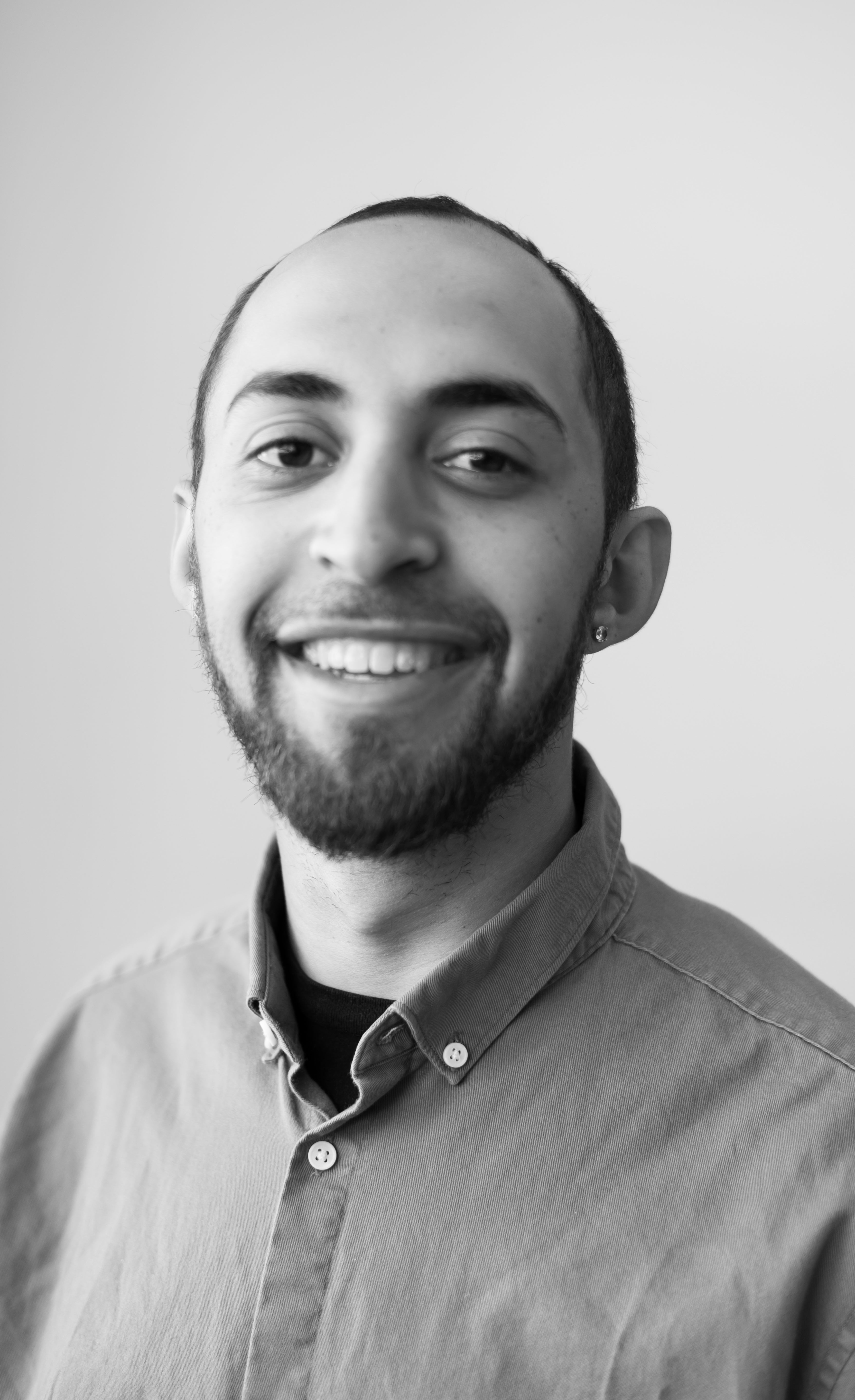 Fifth-year architecture student Jordan Greenfield, in a black and white portrait