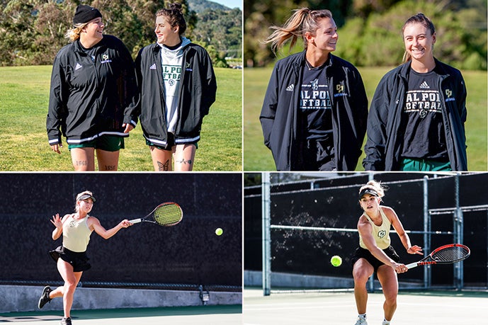 A collage of four images featuring three pairs of sisters who play on the Cal Poly softball and tennis teams. Two of the photos show the sisters smiling side-by-side, while the other two are individual shots of the tennis playing sisters hitting a ball.