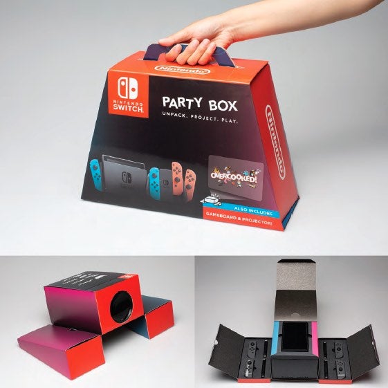 A hand holds the top handle of a trapezoid-shaped red and black box labeled "Nintendo Switch Party Box." Below, the same box is shown refolded into the shape of a projector and opened to reveal a set of video game consoles inside.